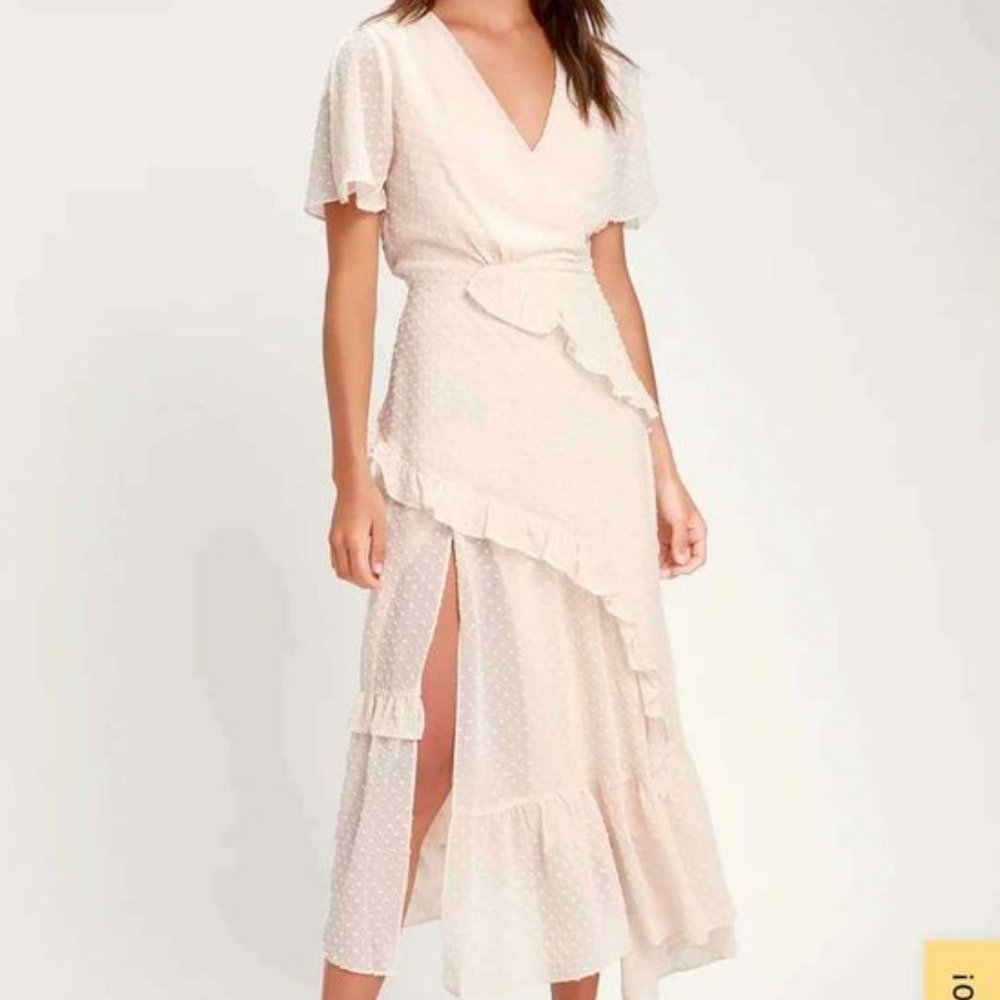 Lulu's Cream Dot Ruffle Slit Midi Dress size M